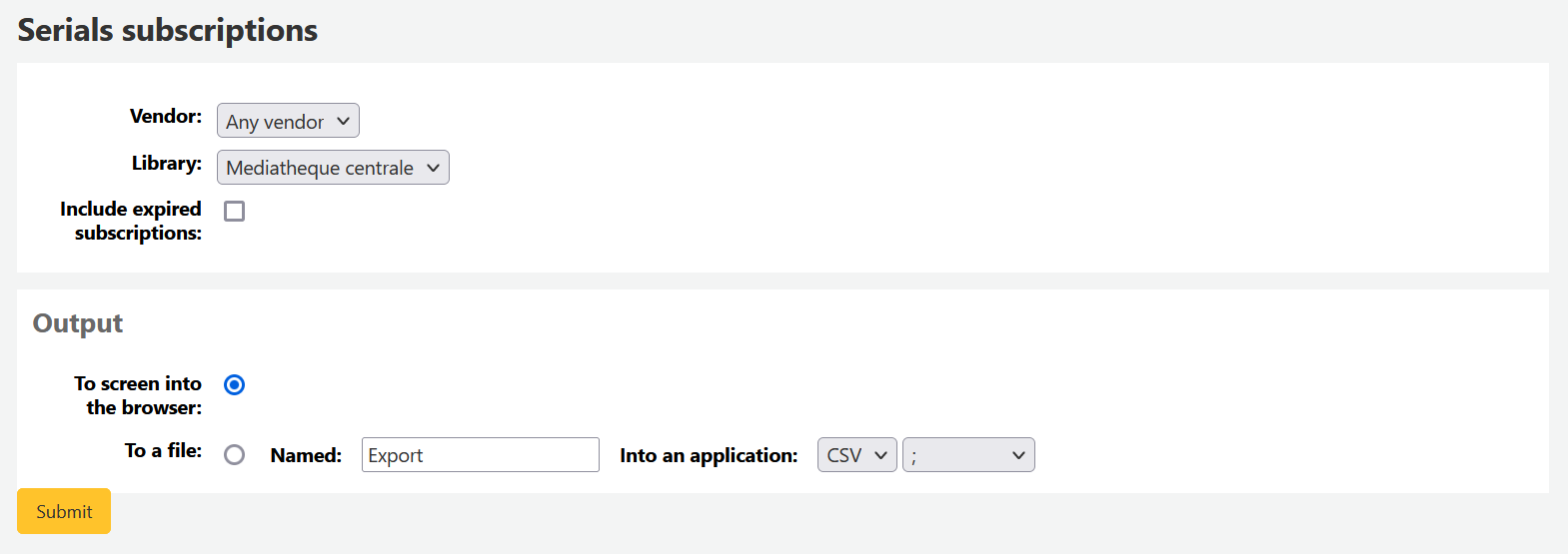 In the reports module, the form to launch statistics in the serials