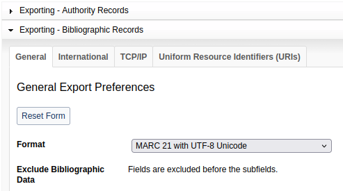 Screenshot of setting the 'Format' to 'UTF-8' under the 'General' export preferences in the WorldShare web interface.