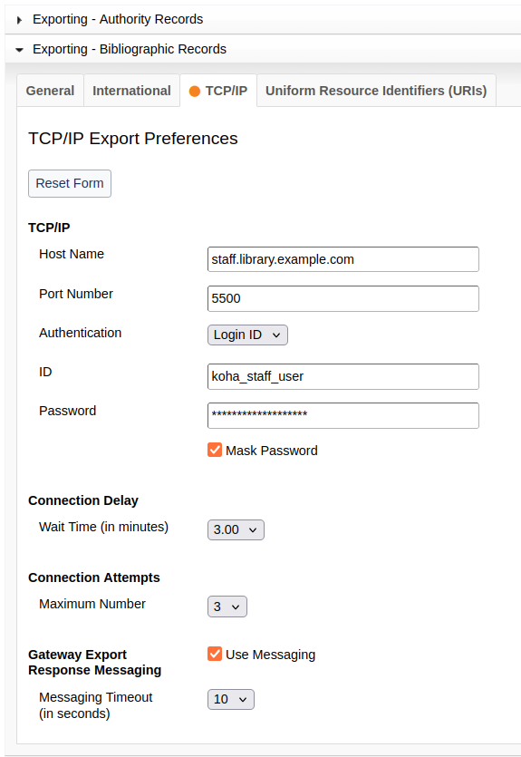 Screenshot of setting the 'TCP/IP' export preferences in the WorldShare web interface.