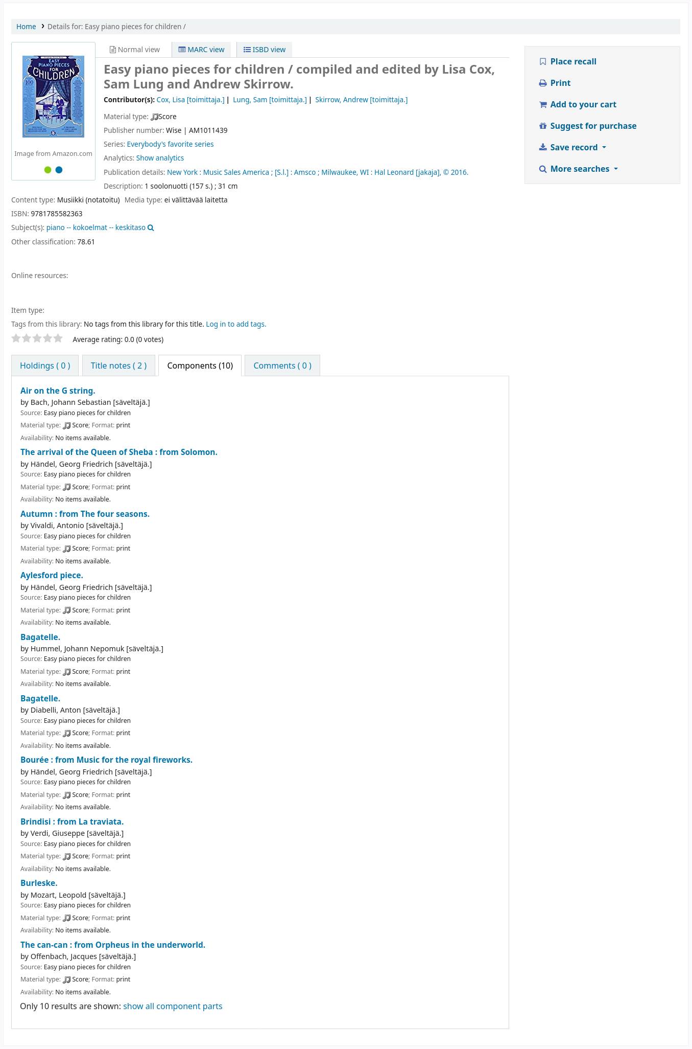 Record with component records shown in the 'Component' tab, in the OPAC