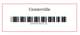 Η εικόνα δείχνει μια ετικέτα με ραβδοκώδικα (barcode), το όνομα της βιβλιοθήκης είναι τυπωμένο στο πάνω μέρος της ετικέτας και ο ραβδοκώδικας (barcode) στο κάτω μέρος