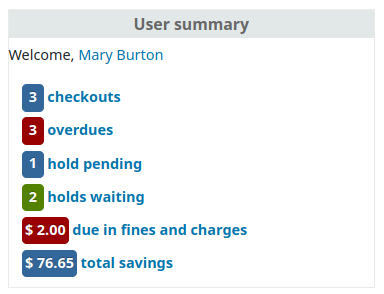 A small box with the number of checkouts, overdues, holds, pending charges and savings