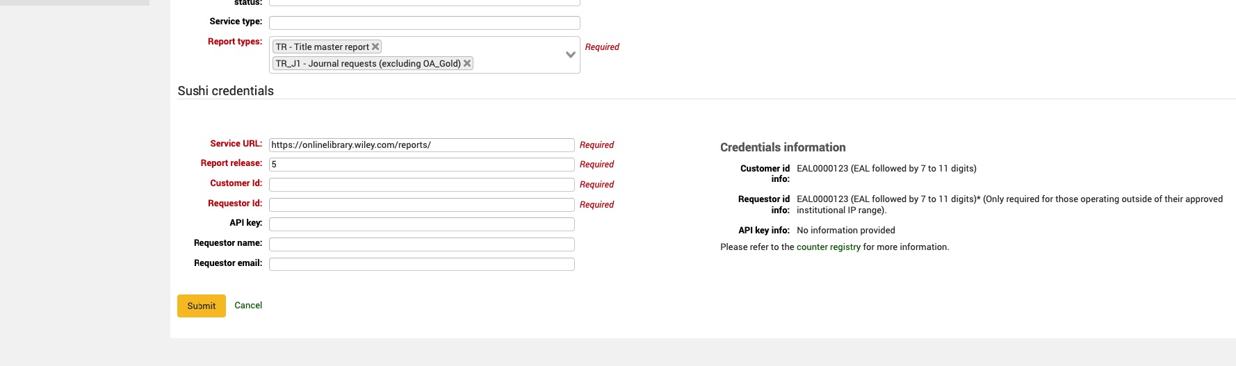 The SUSHI credentials section of the Add data provider screen, showing four fields as being required: service URL, report release, customer ID, requestor ID.