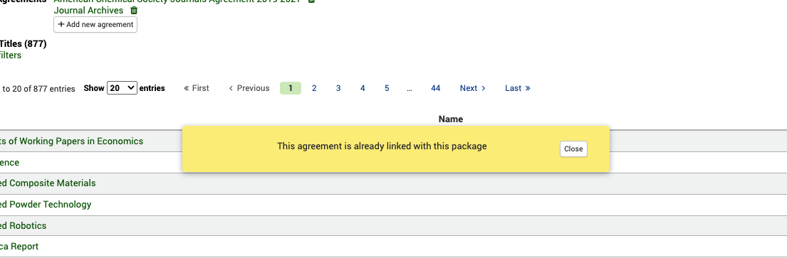 In the foreground of the list of titles, an error message says: 'This agreement is already linked with this package.'
