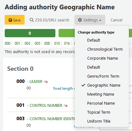 'Settings' dropdown menu for setting the authority record type during creation of an authority record