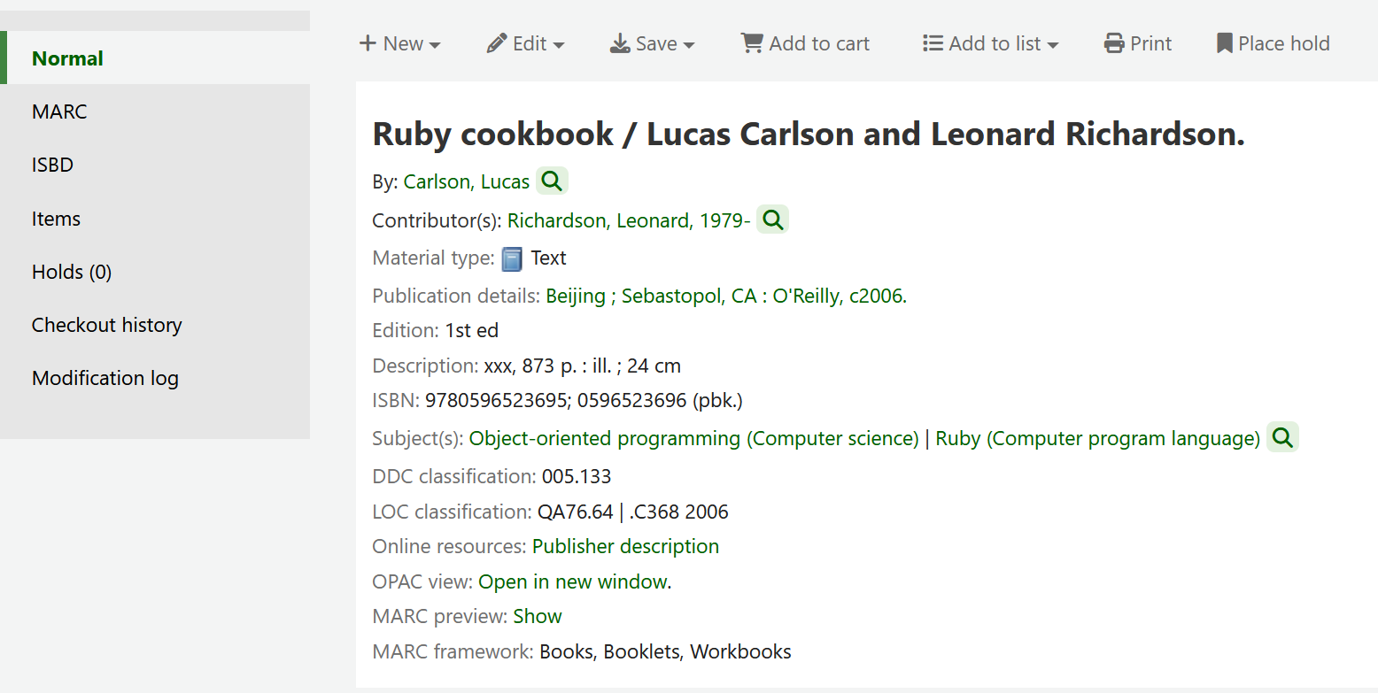 Bibliographic record details page with the 'Normal' display tab selected showing some details of the record 'Ruby cookbook'