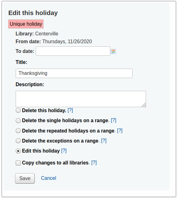 Edit holiday form