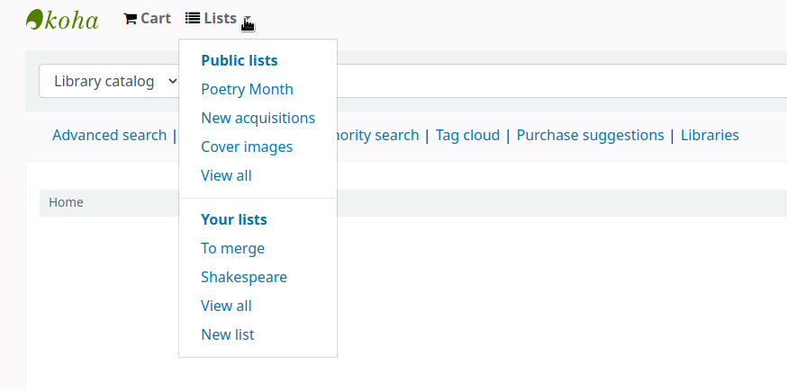 Main page of the OPAC, the mouse cursor is on the Lists button at the top and the list of lists is open