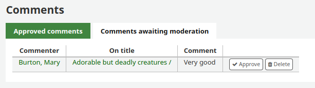 List of comments to moderate with action buttons