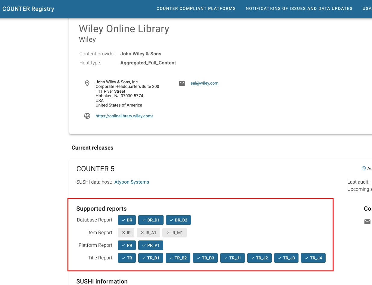 Page for Wiley Online Library on the Counter Registry website. The section Supported reports is highlighted.