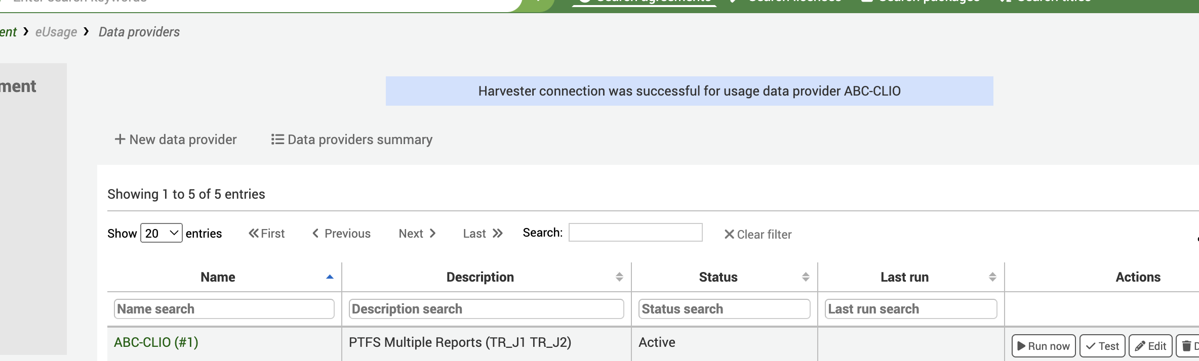 Data providers screen with the message: 'Harvester connection was successful for usage data provider ABC-CLIO'.