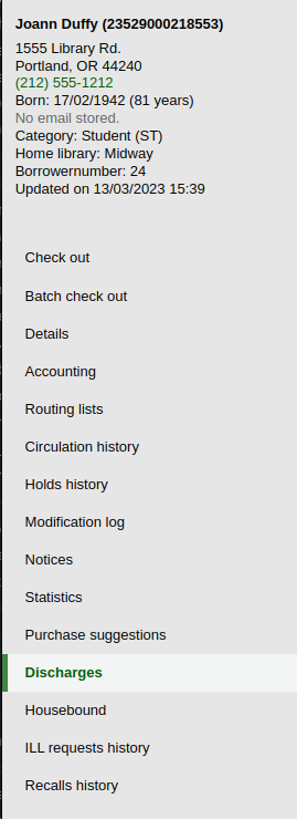 Tabs on the left of a patron record in the staff interface, the Discharges tab is selected