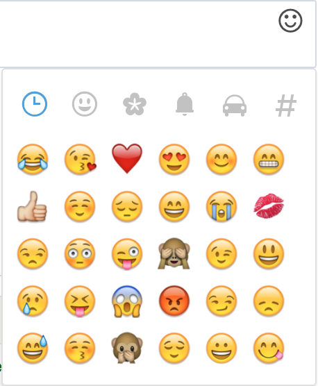 The smiling face emoji in the input box is activated and a list of emojis is open underneath