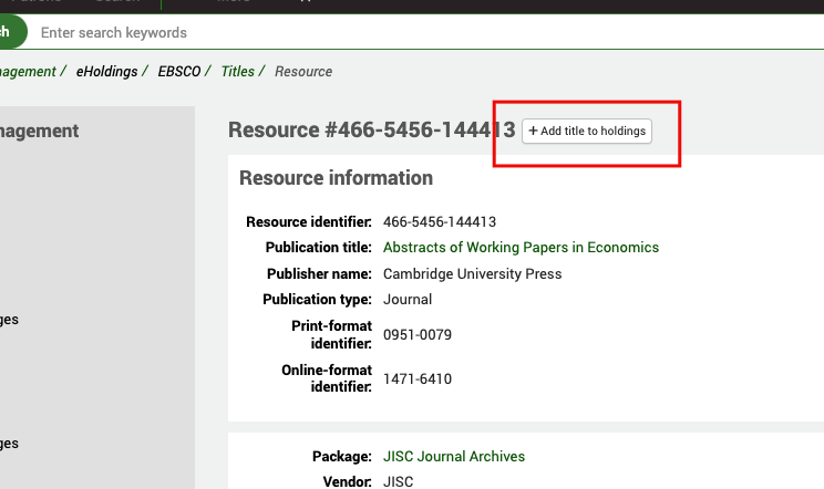 Resource information view, with the focus on the 'Add title to holdings' button
