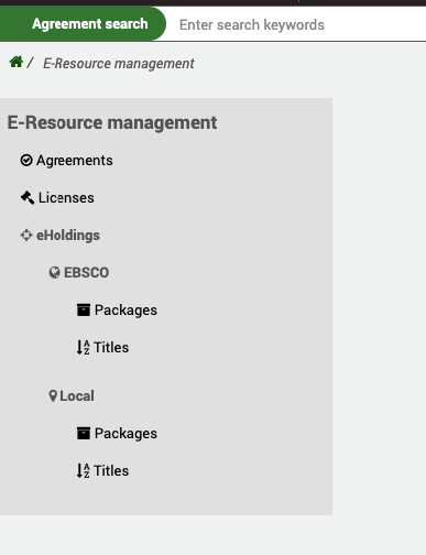 E-Resource management module left-hand side navigation, showing configured providers EBSCO and Local under eHoldings.