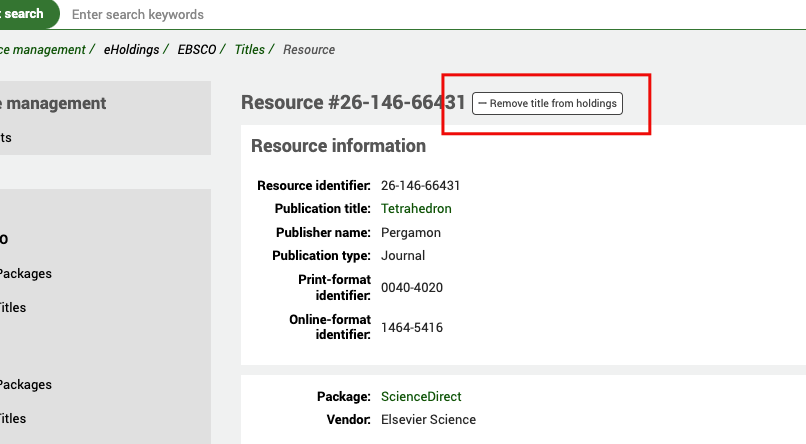 Resource information view, with the focus on the 'Remove title from holdings' button