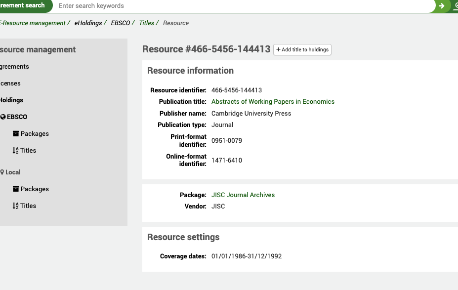 Resource information view, showing the title, publisher name, package, vendor and other details.
