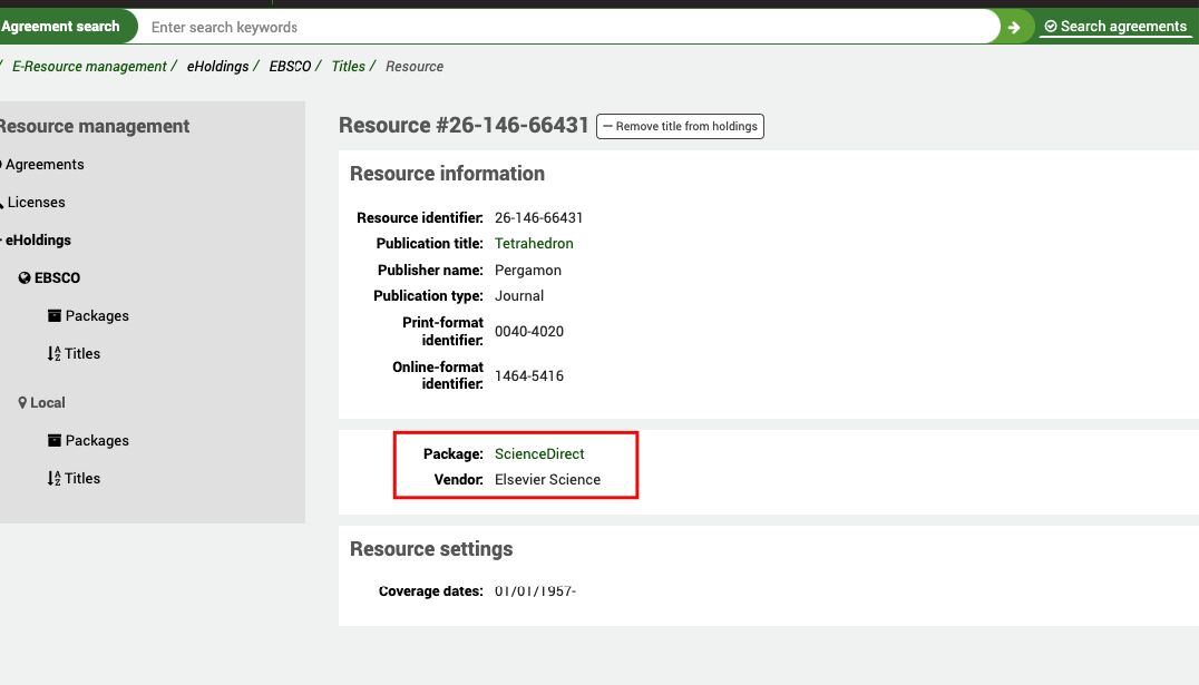 Resource information view, with the focus on the package name and vendor.