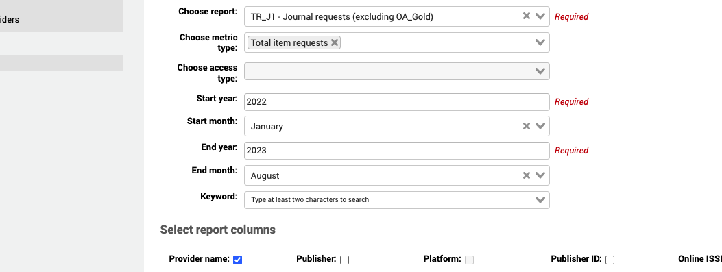 In the Create report form, the focus is on the date fields: Start year, Start month, End year, End month.