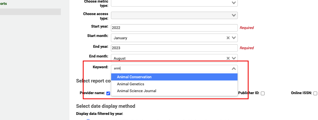 In the Create report form, the term "anim" has been typed in the Keyword field. A dropdown list of results appears underneath, with the options "Animal Conservation", "Animal Genetics" and "Animal Science Journal".