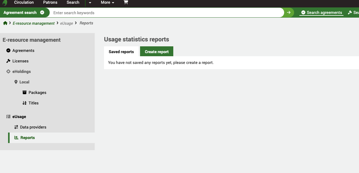 Usage statistics reports open on the Saved reports tab, with the message: "You have not saved any reports yet, please create a report."