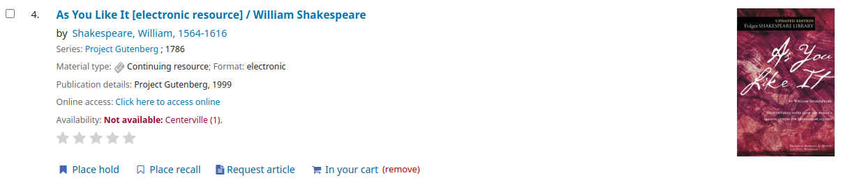 A single search result in the OPAC, the option 'Add to cart' is replaced by 'In your cart (remove)'