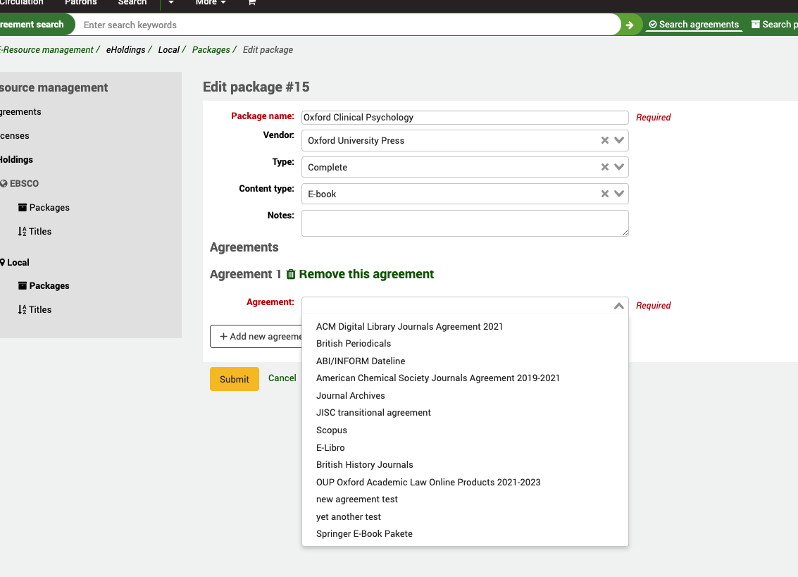 Form to edit a package, showing details such as package name, vendor, package type, content type and notes. In the Agreements section at the bottom, the Agreement field dropdown is open, showing a list of existing agreements.