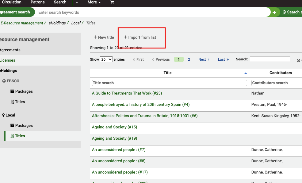 In the eHoldings Local Titles section, the focus is on the 'Import from list' button.