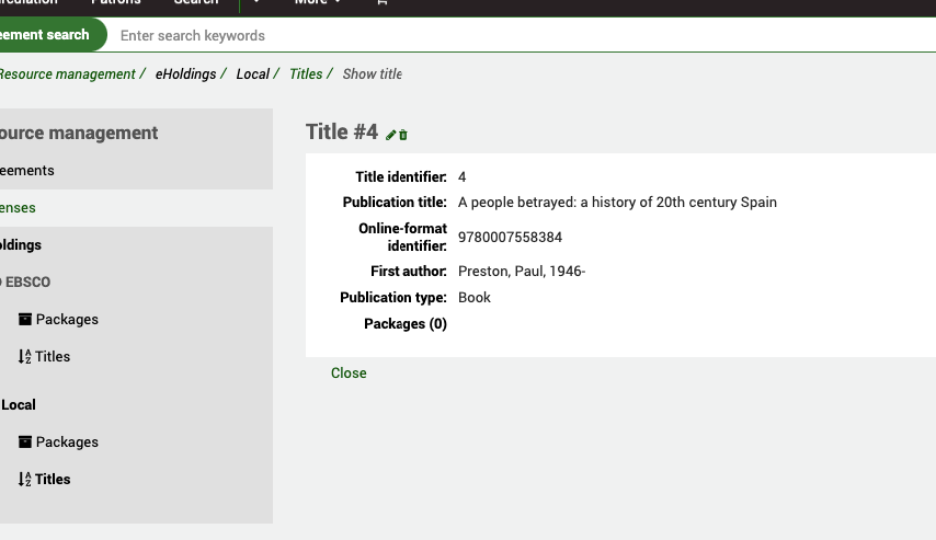Full view of a title, showing details such as identifiers, publication title, first author and publication type. The focus is on the packages table where one package appears.