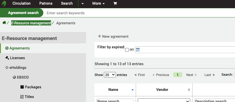 In the E-Resource management module Agreements section, the focus is on the 'New agreement' button.