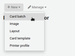 "New" button in the patron card creator is open, the mouse cursor is on the "Card batch" option