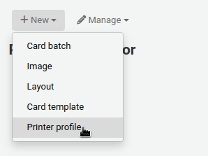 "New" button in the patron card creator is open, the mouse cursor is on the "Printer profile" option