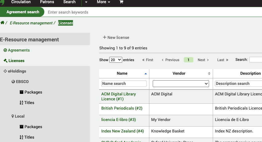 In the E-Resource management module Licenses section, the focus is on the 'New license' button.
