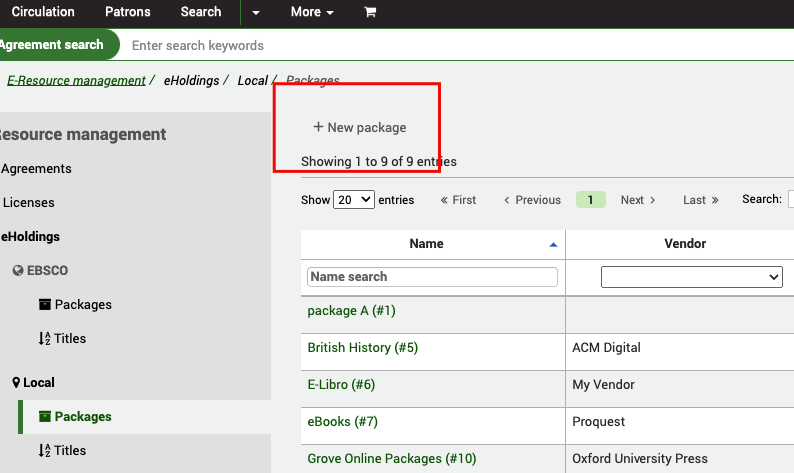 In the eHoldings Local Packages section, the focus is on the 'New package' button.