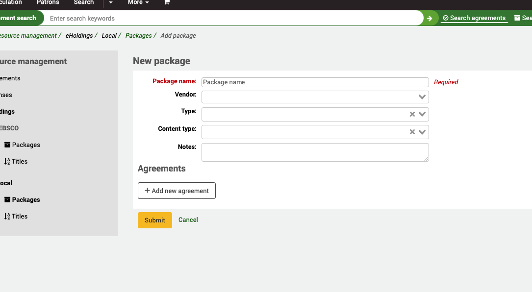 New local package form