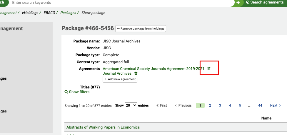 Show package view; on the right of the agreement name, the bin icon is highlighted.