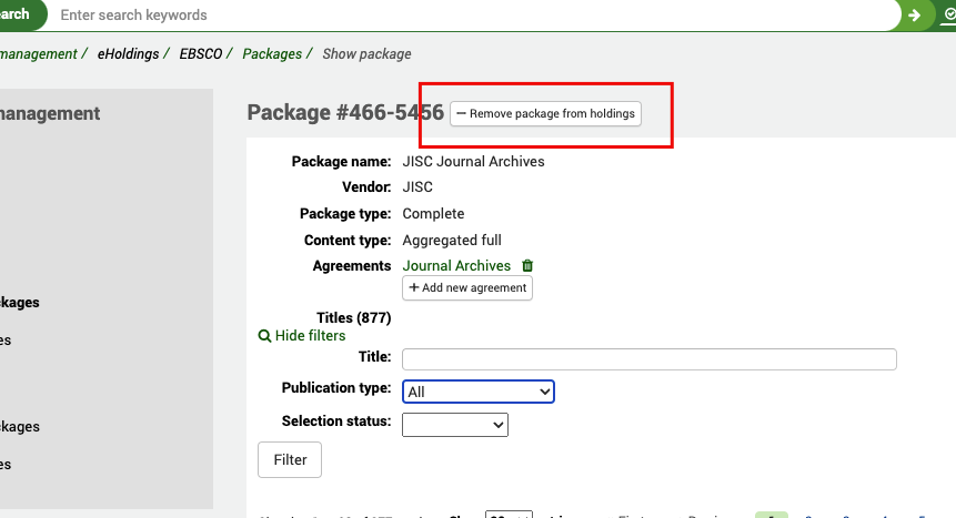 On the Show package view, the focus is on the 'Remove package from holdings' button.