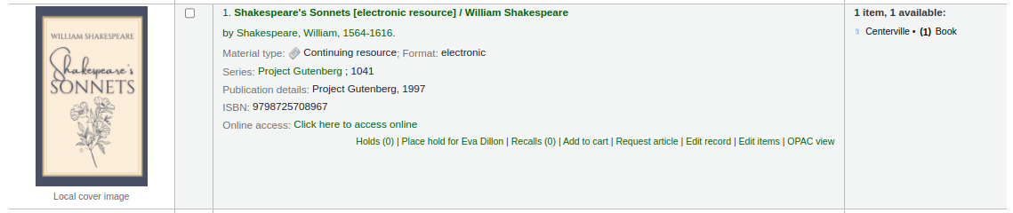 Single search result in the staff interface, among the options at the bottom, there is Holds and Place hold for Eva Dillon