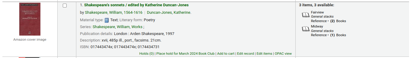 Single search result in the staff interface, among the options at the bottom, there is Holds and Place hold for March 2024 Book Club
