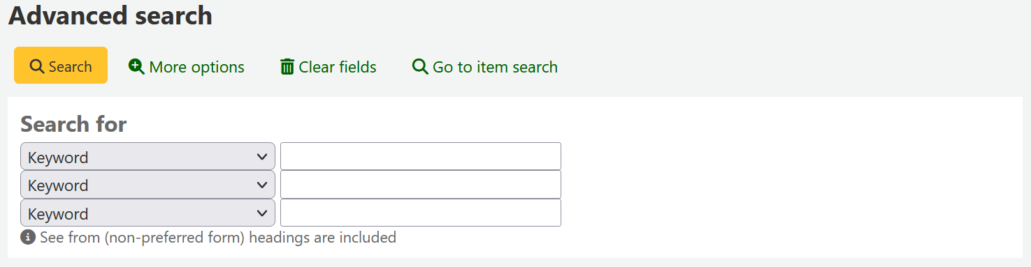 Screenshot of Advanced search form with tooltip message showing that 'See from' headings are included