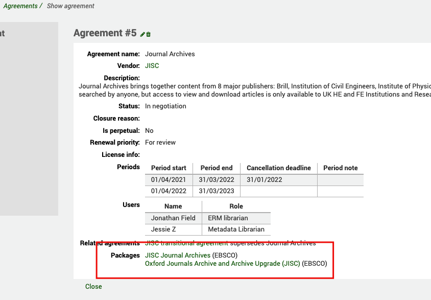 Full view of an agreement. The section with links to two packages is highlighted.