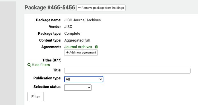 Full view of a package. Under the details, there are additional filters for Title, Publication type, Selection status.