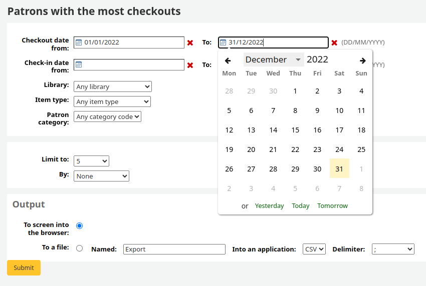 Form to select parameters to run Top checkouts report