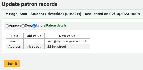 Confirm requests to update patron records in the staff interface