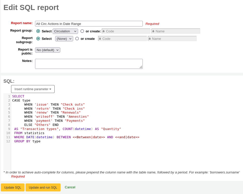 The edit report form with the 'update' button and 'save and run sql' button