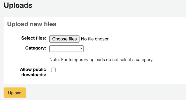 Upload new files tool with the option to select the file and assign a category