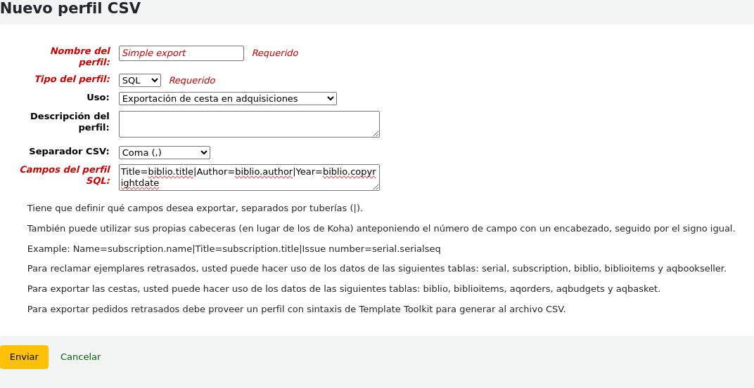 Add new CSV profile form filled with SQL information