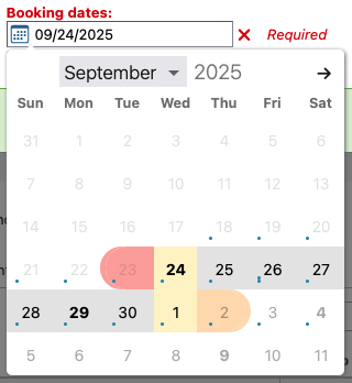 Booking dates calendar widget, showing some dates in black and some greyed out with a blue dot.
