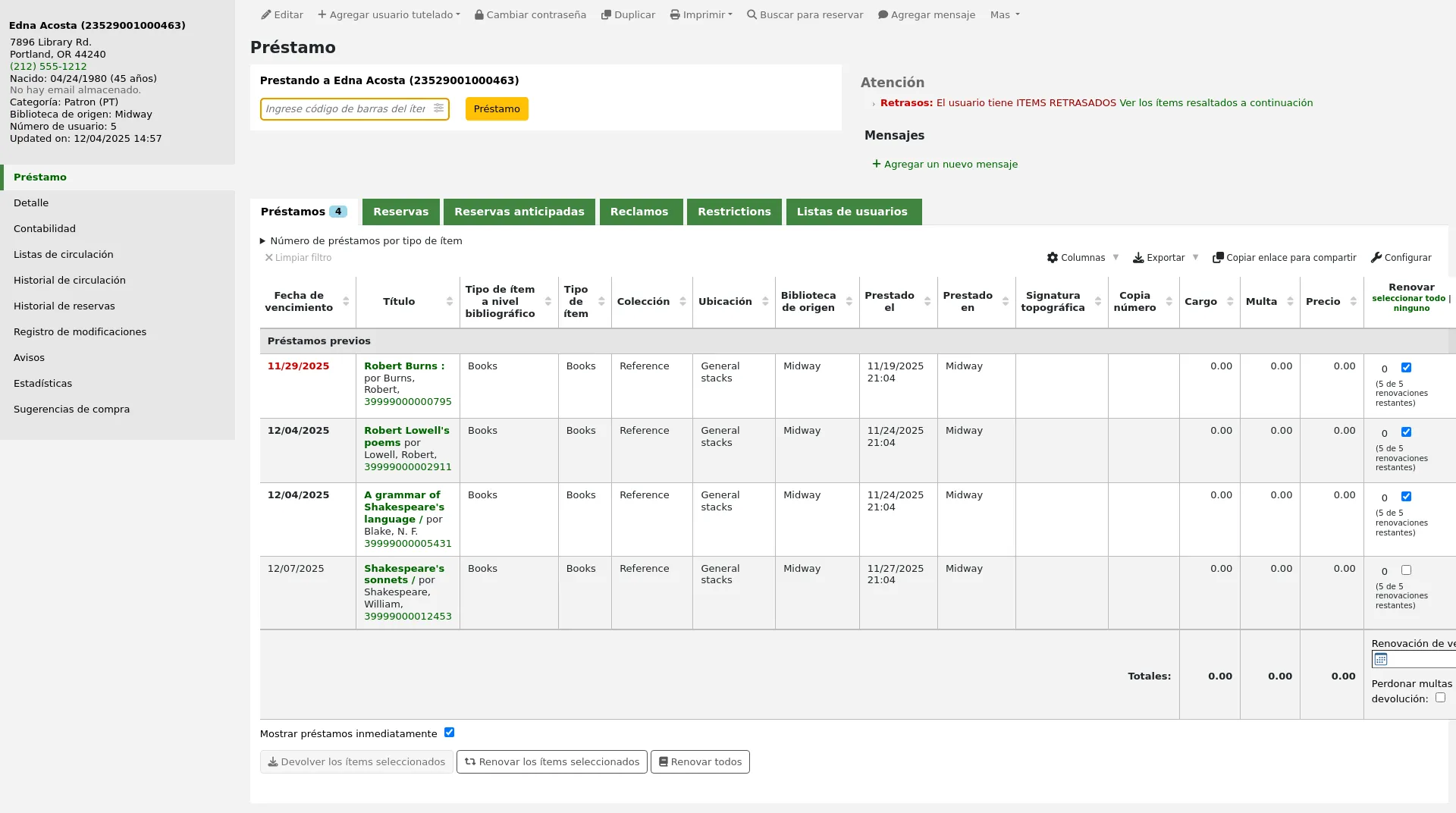 Check out tab of a patron file, current checkouts are displayed