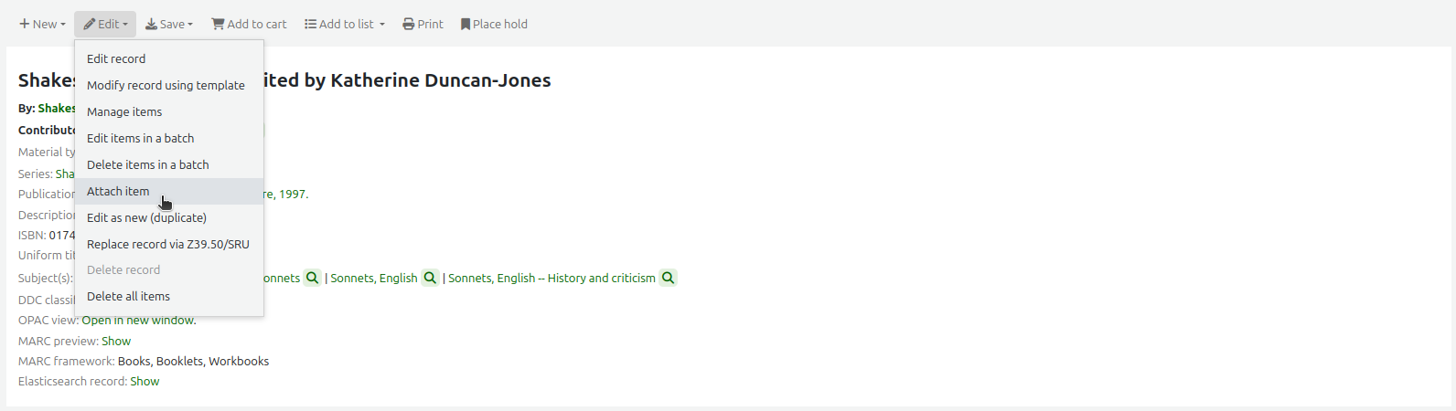 The Edit menu in a bibliographic record, the mouse cursor is on the 'Attach item' option